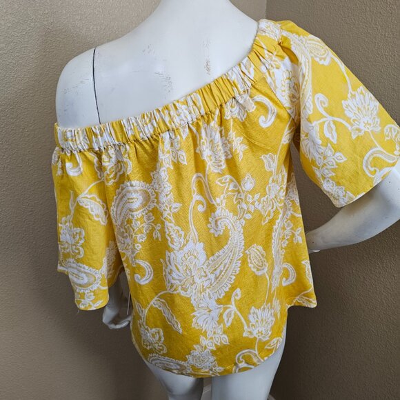 CHICO'S NWT Linen Paisley Off Shoulder Short Sleeve Knit Yellow Top~Size S - Picture 6 of 8